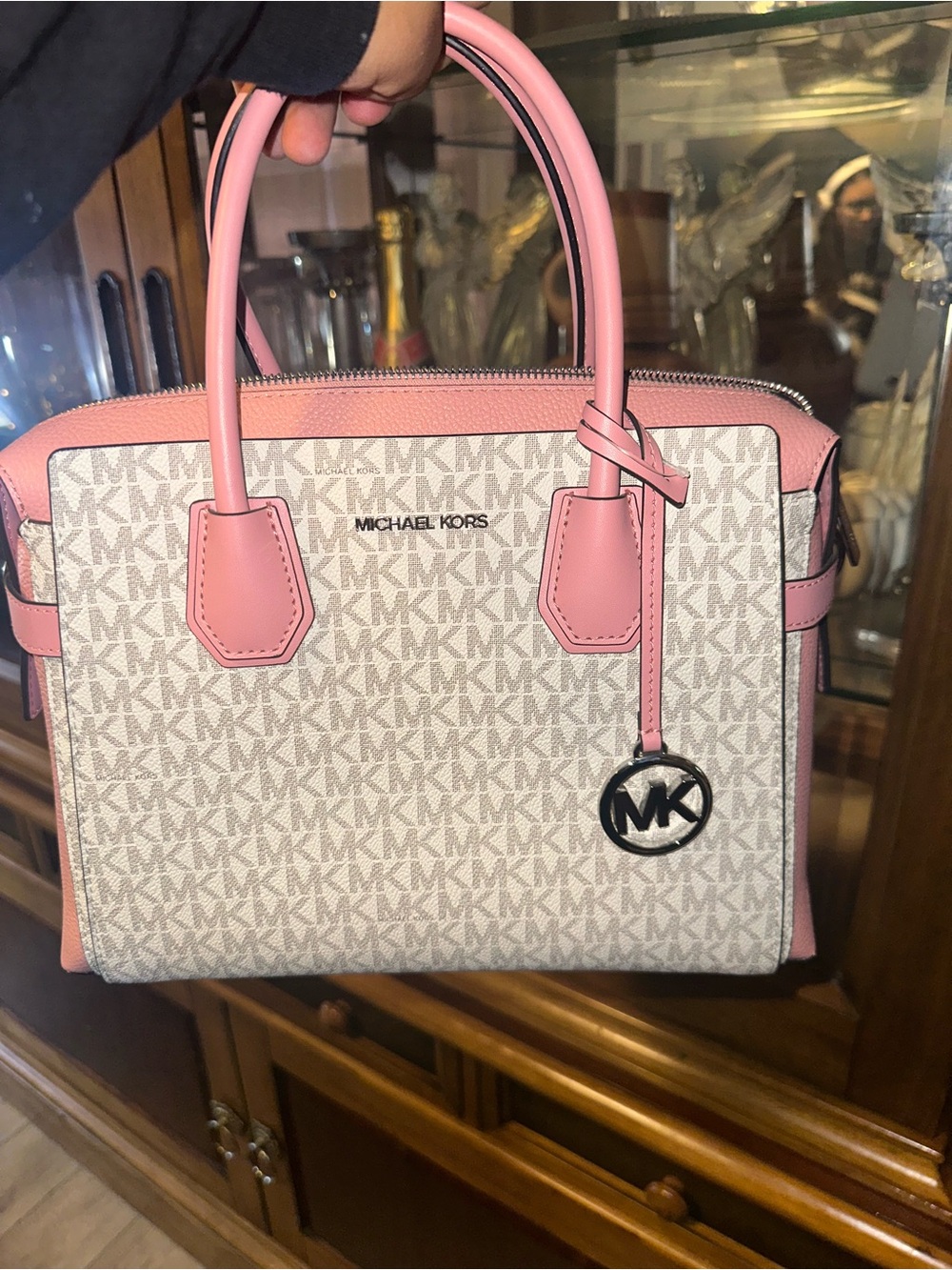 Michael Kors Pink And Vanilla Signature Satchel With Mk Charm